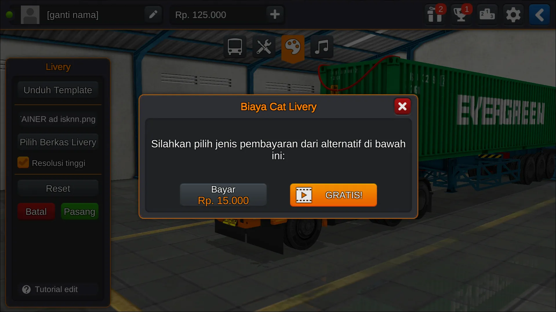 Langkah 7 Opsi pemasangan Livery Bussid Truck Peti Kemas