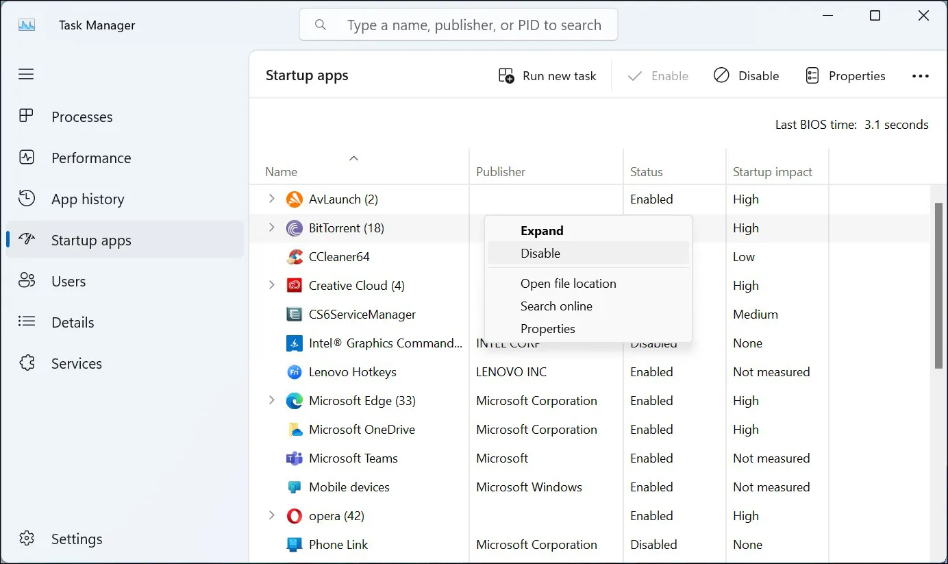 2. Nonaktifkan Item Startup Task Manager Windows 11