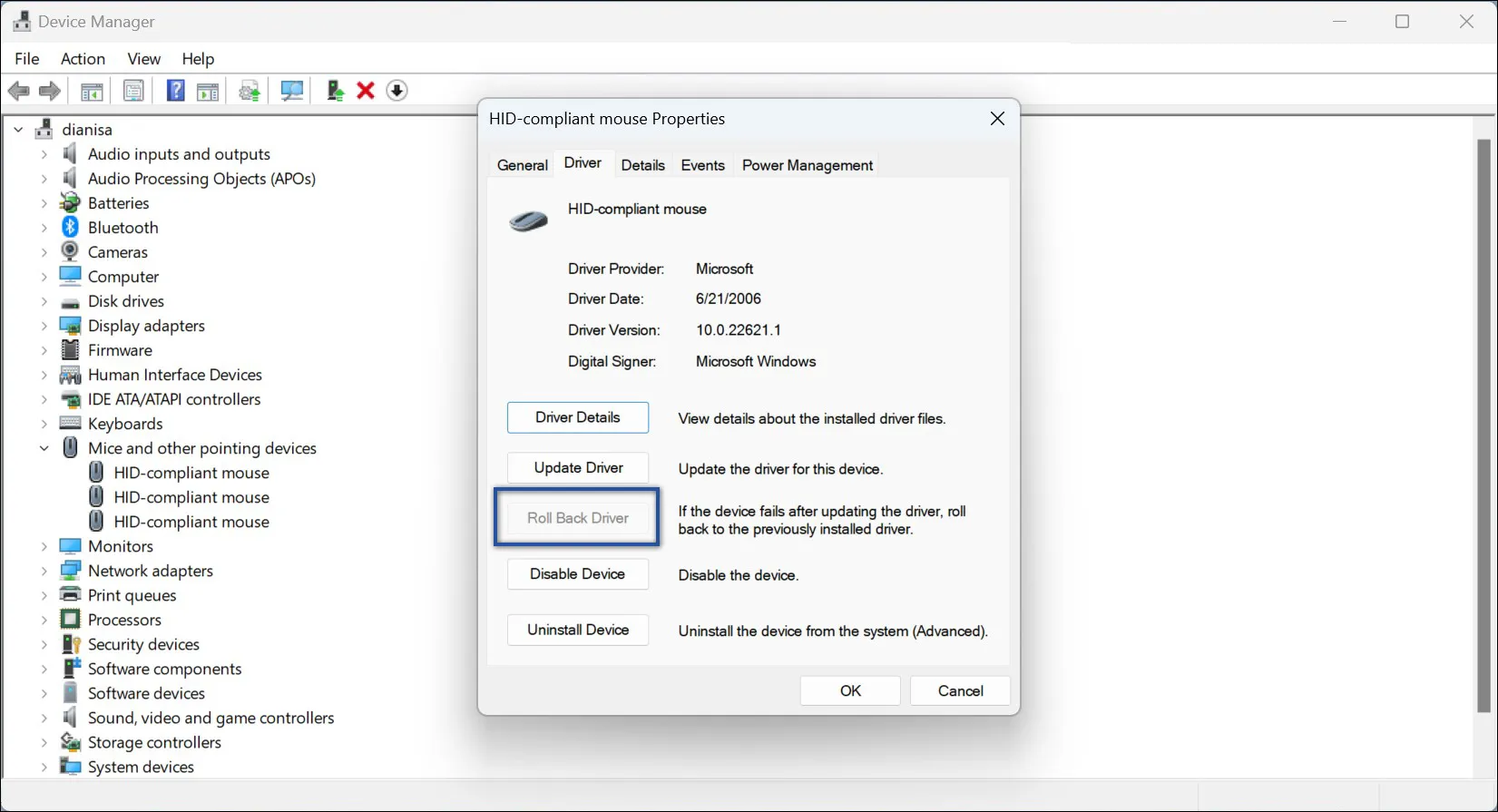 Roll Back Driver Mouse Windows 11