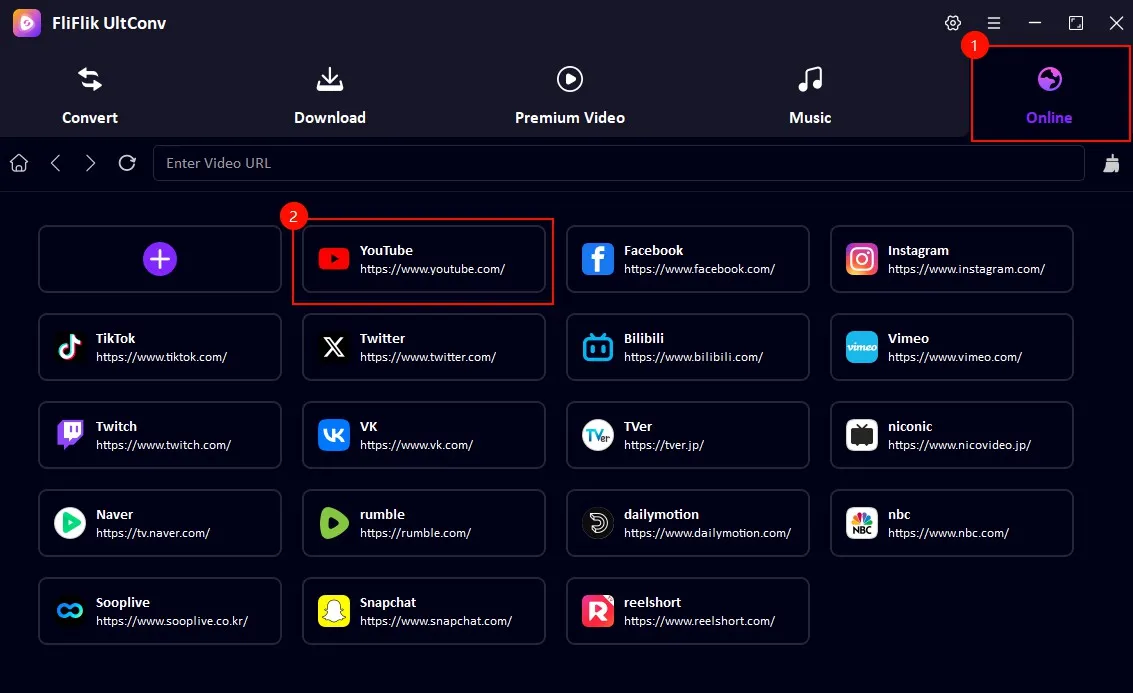 2 Klik tab Open dan Klik YouTube di UltConv
