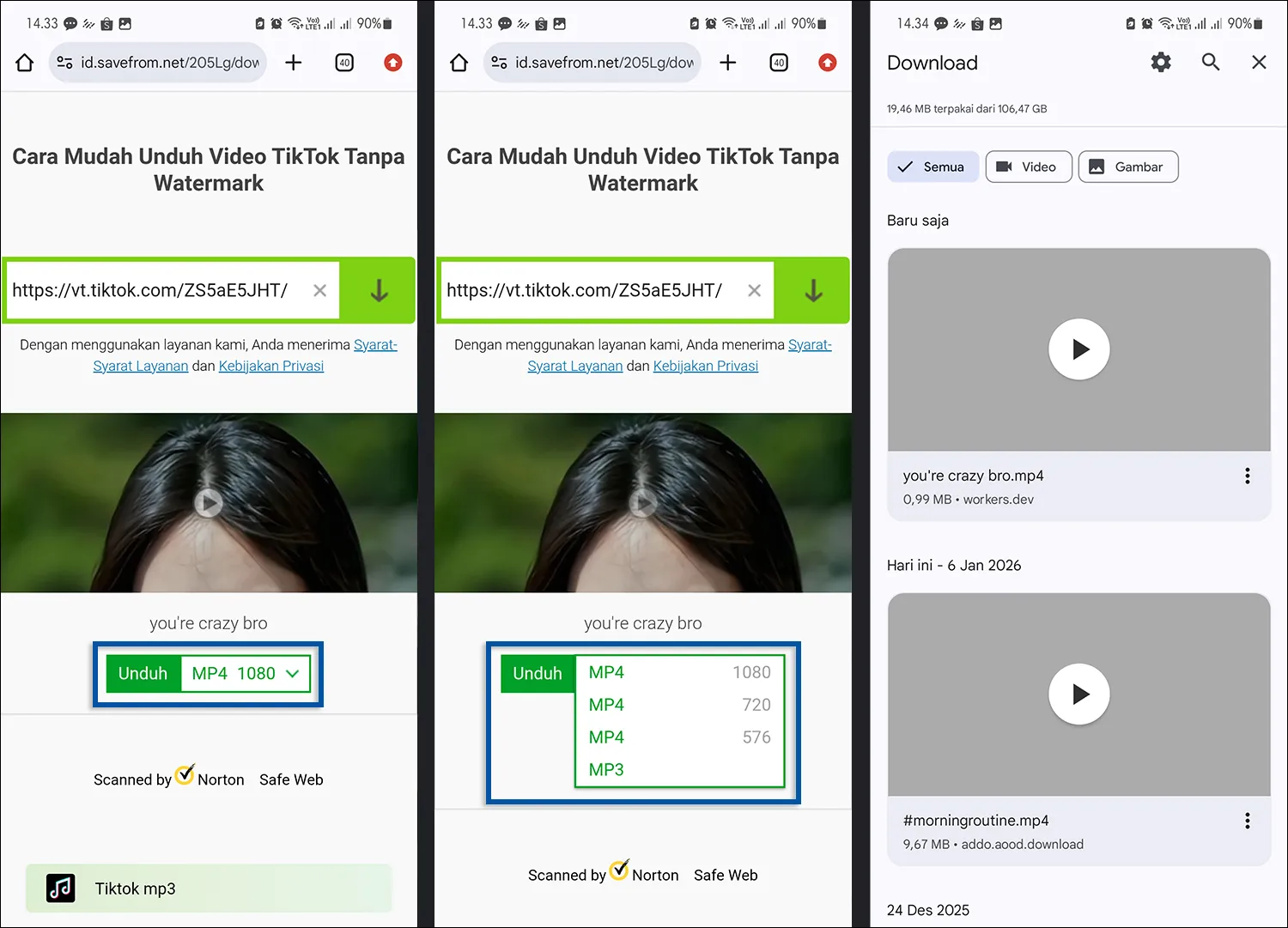 2. Pilih ukuran file dan download video TikTok dari SaveFrom